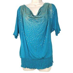 Halo Draped Neck Top V-Back Women Size L Jade Green Gold Smocked Hem NEW